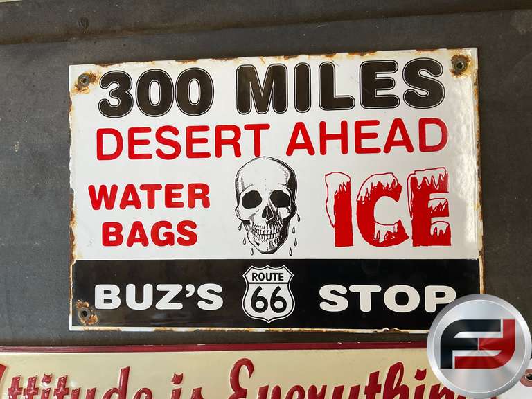 BUZ’S ROUTE 66 STOP ENAMEL SIGN, 12” X 8”, ATTITUDE