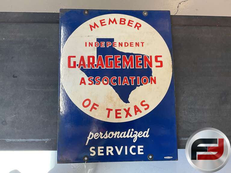 INDEPENDENT GARAGEMEN’S ASSOCIATION OF TEXAS MEMBER ENAMEL SIGN, DOUBLE SIDED,