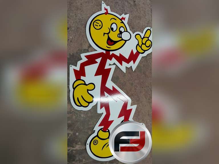 REDDY KILOWATT METAL SIGN, IS APPX 58” TALL, 27” AT