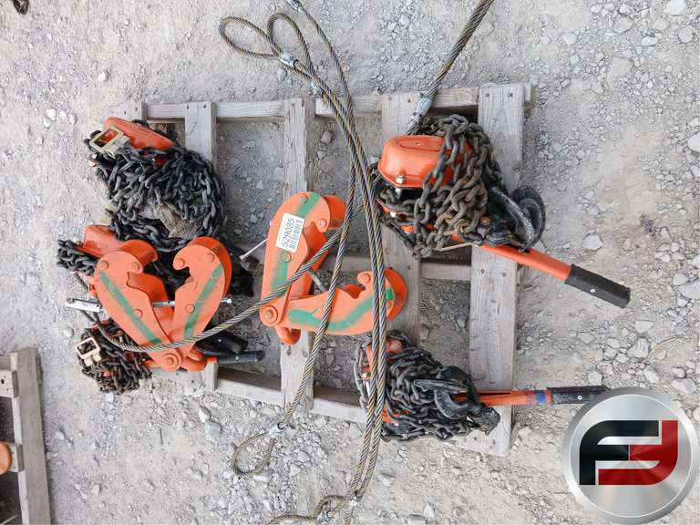 PALLET OF MICS CHAIN FALLS, IBEAM CLAMPS AND CABLE SLINGS