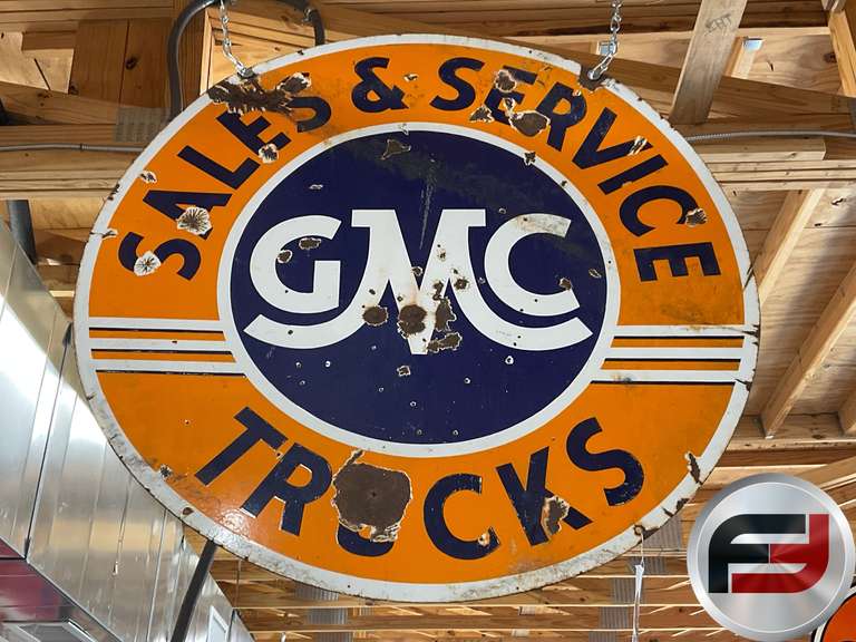GMC TRUCKS SALES & SERVICE, ENAMEL DOUBLE SIDED, 42” DIAM.