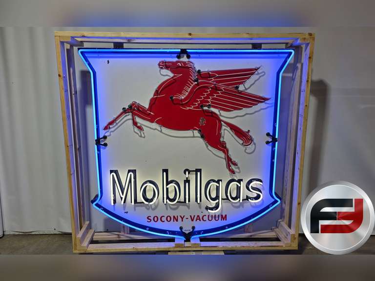 ORIGINAL MOBILGAS PORCELAIN NEON SIGN, 72" X 72", ANIMATED NEON,
