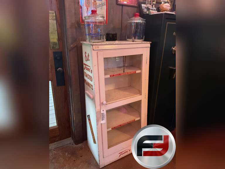 TOM'S TOASTED PEANUTS ANTIQUE DISPLAY CABINET WITH 2 TOM'S BULK