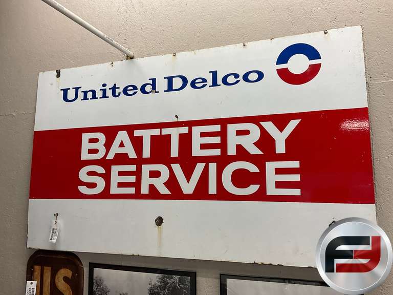 UNITED DELCO BATTERY SERVICE, DOUBLE SIDED ENAMEL, 6’ X 42”
