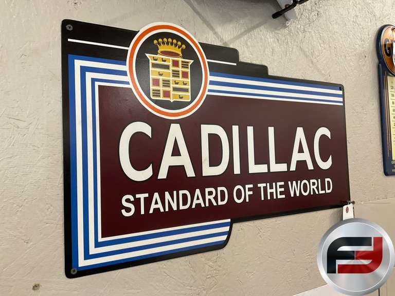 CADILLAC STANDARD OF THE WORLD TIN SIGN, 24” X 15”