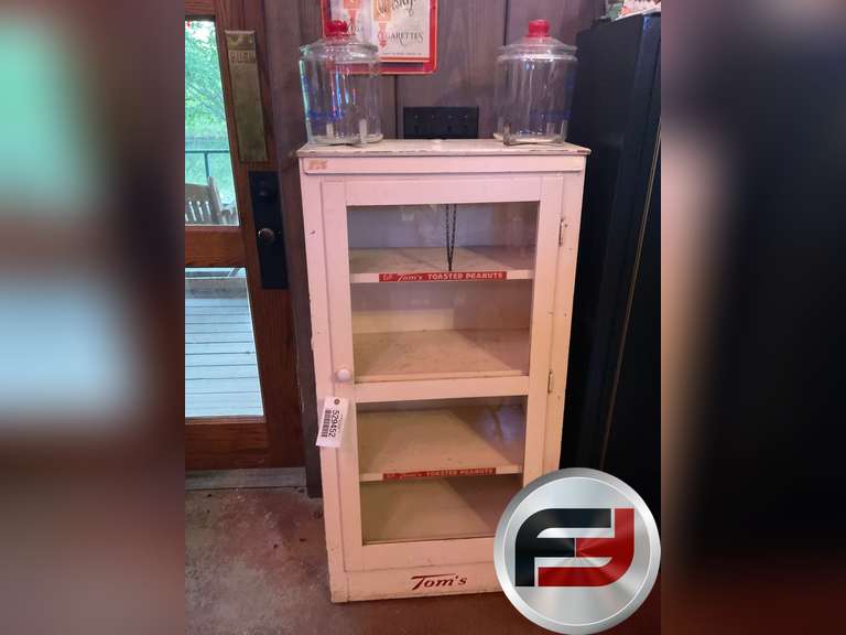 TOM'S TOASTED PEANUTS ANTIQUE DISPLAY CABINET WITH 2 TOM'S BULK