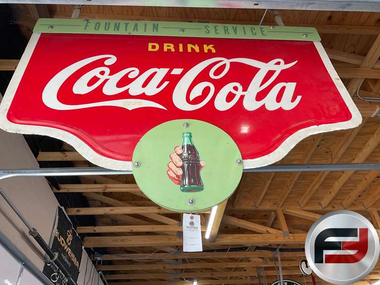 DRINK COCA-COLA FOUNTAIN SERVICE DOUBLE SIDED METAL HANGING SIGN, 60”