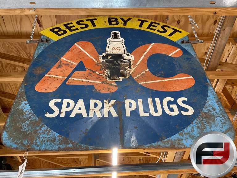 AC SPARK PLUGS BEST BY TEST, DOUBLE SIDED, ENAMEL SIGN,