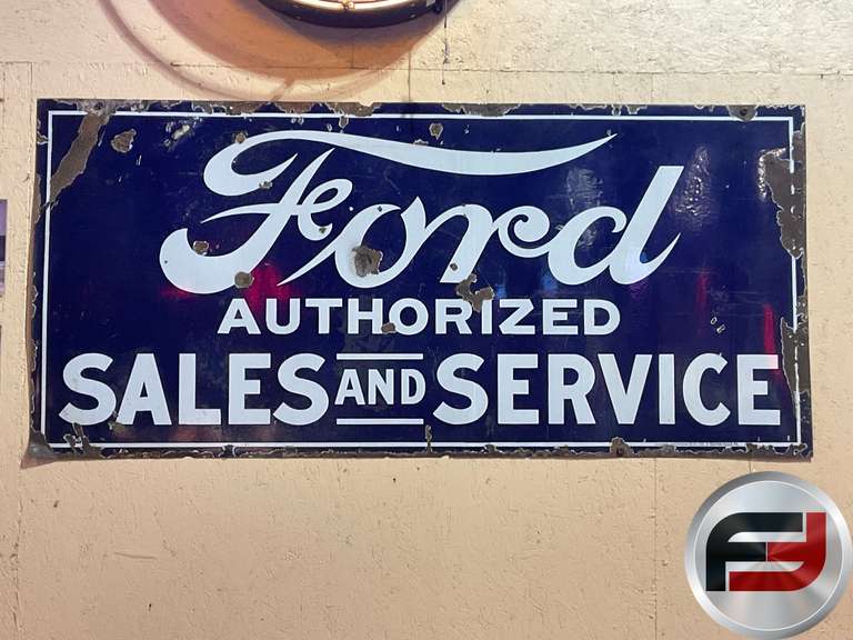 FORD AUTHORIZED SALES AND SERVICE PORCELAIN SIGN, 59" X 27"