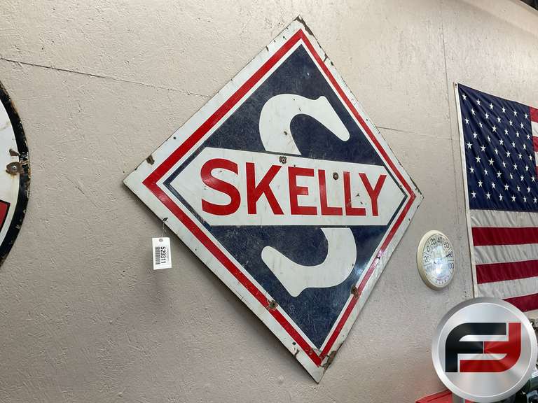 SKELLY OIL SIGN, ENAMEL, DOUBLE SIDED, 67” X 67”