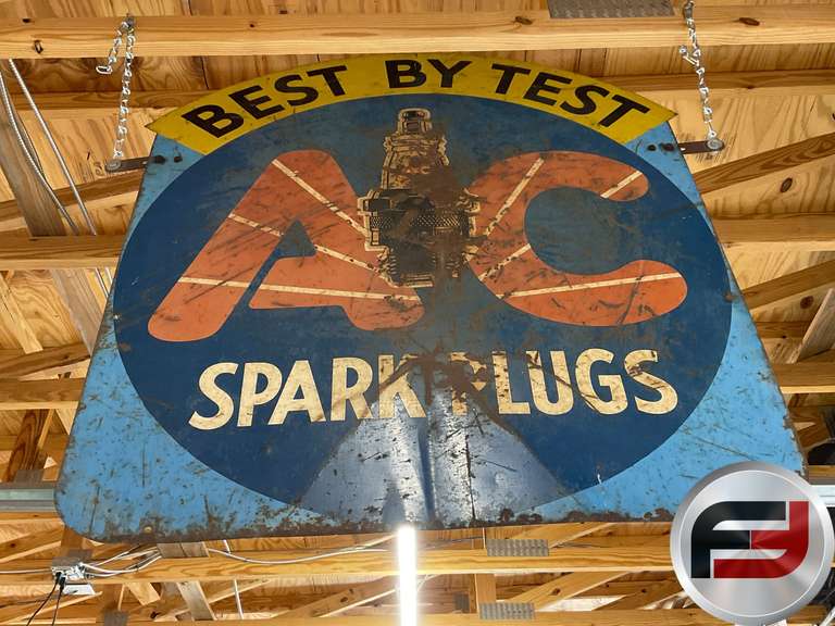 AC SPARK PLUGS BEST BY TEST, DOUBLE SIDED, ENAMEL SIGN,