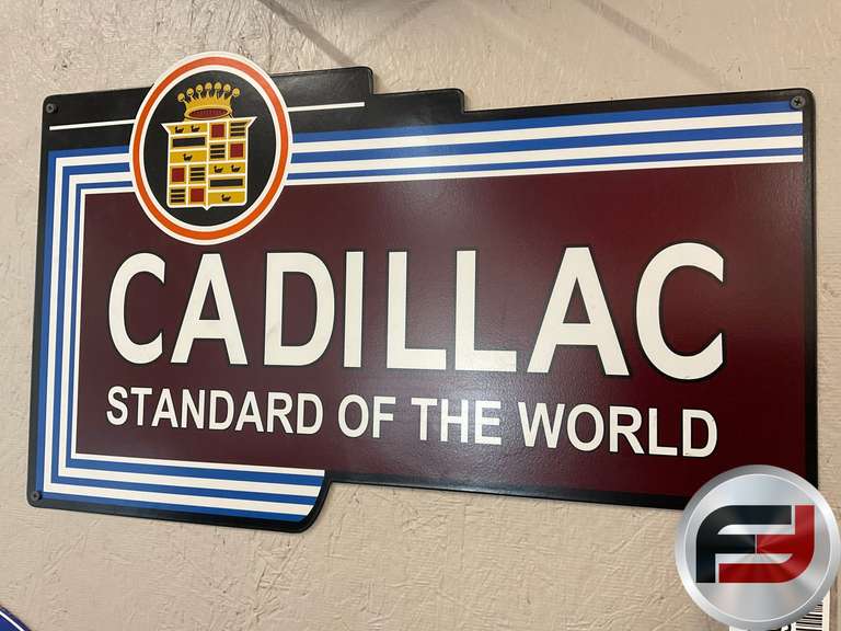 CADILLAC STANDARD OF THE WORLD TIN SIGN, 24” X 15”