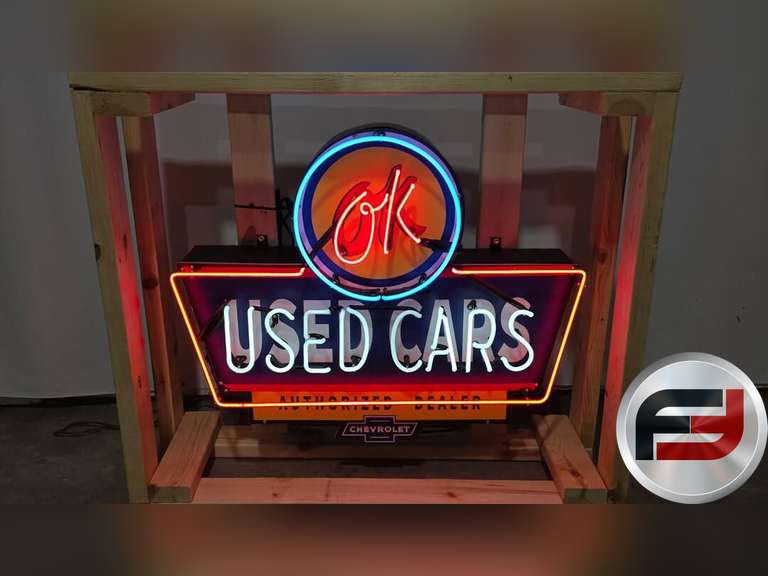 CUSTOM OK USED CARS TIN NEON SIGN, 64" X 48",