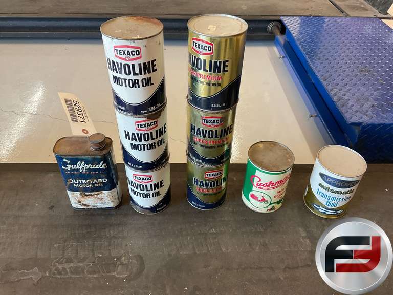 OIL CANS, GULF PRIDE OUTBOARD MOTOR OIL, HAVOLINE MOTOR OIL