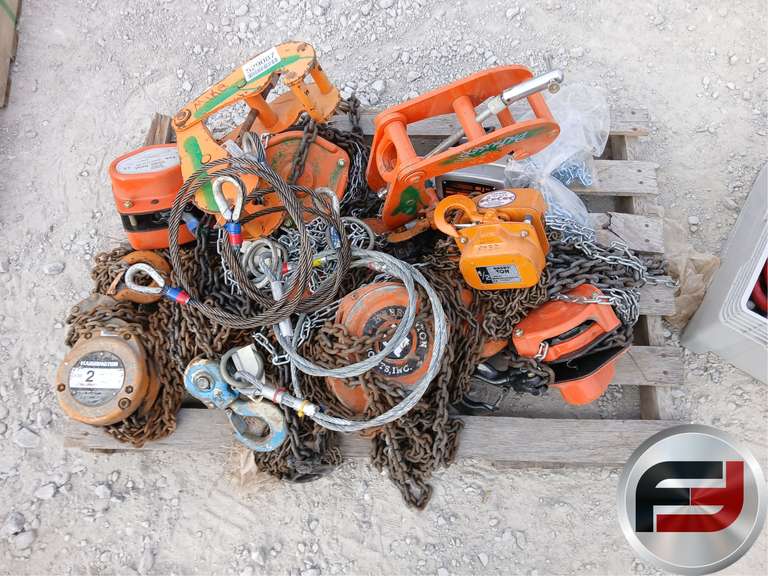 PALLET OF MICS CHAIN FALLS, IBEAM CLAMPS AND CABLE SLINGS