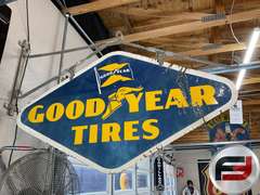 GOODYEAR TIRES DOUBLE SIDED PORCELAIN WITH ROD IRON WALL BRAKET,