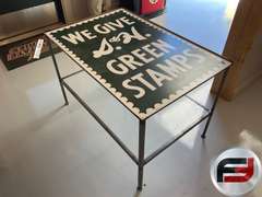 S&H METAL SIGN MADE INTO TABLE, CUSTOM METAL BASE, 36”