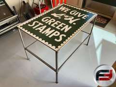 S&H METAL SIGN MADE INTO TABLE, CUSTOM METAL BASE, 36”