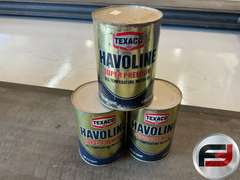 OIL CANS, GULF PRIDE OUTBOARD MOTOR OIL, HAVOLINE MOTOR OIL