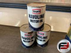 OIL CANS, GULF PRIDE OUTBOARD MOTOR OIL, HAVOLINE MOTOR OIL