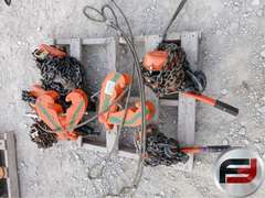 PALLET OF MICS CHAIN FALLS, IBEAM CLAMPS AND CABLE SLINGS
