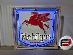 ORIGINAL MOBILGAS PORCELAIN NEON SIGN, 72" X 72", ANIMATED NEON,