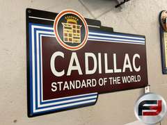 CADILLAC STANDARD OF THE WORLD TIN SIGN, 24” X 15”
