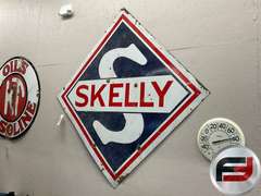 SKELLY OIL SIGN, ENAMEL, DOUBLE SIDED, 67” X 67”