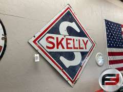 SKELLY OIL SIGN, ENAMEL, DOUBLE SIDED, 67” X 67”