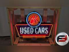 CUSTOM OK USED CARS TIN NEON SIGN, 64" X 48",