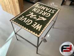 S&H METAL SIGN MADE INTO TABLE, CUSTOM METAL BASE, 36”