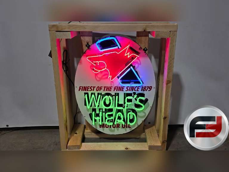 ORIGINAL WOLF'S HEAD TIN NEON SIGN, 23" X 30", NEW