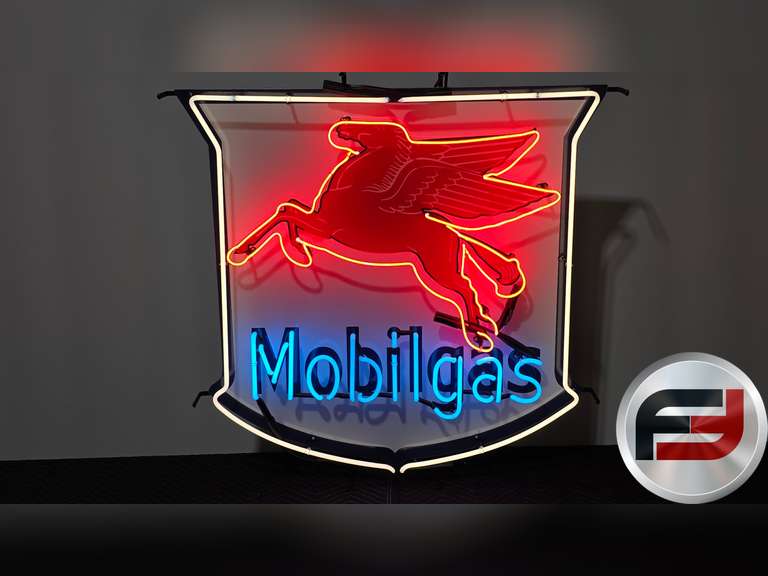 CUSTOM MOBILGAS TIN NEON SIGN, 48" X 46", NEW NEON