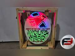 ORIGINAL WOLF'S HEAD TIN NEON SIGN, 23" X 30", NEW
