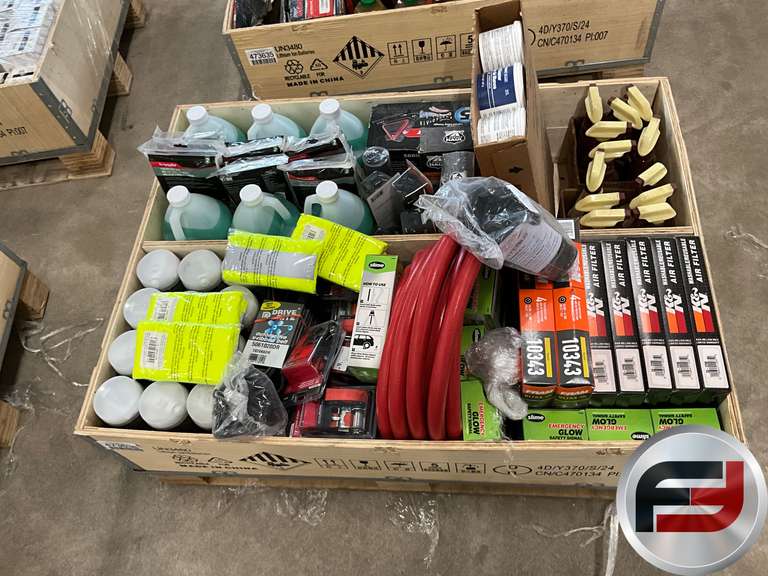 PALLET OF MISC AUTOMOTIVE, FILTERS,POLISHES,HOSES FIBERGLASS SHEETS,