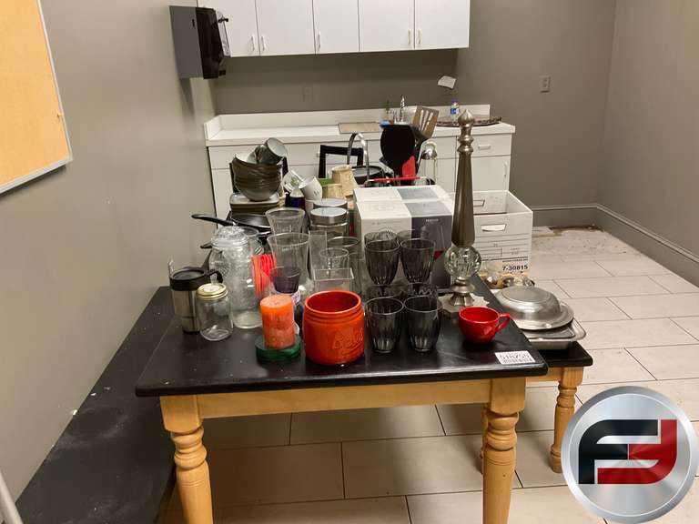 DINING TABLE WITH TWO BENCHES THREE CHAIRS, OTHER MISCELLANEOUS KITCHEN