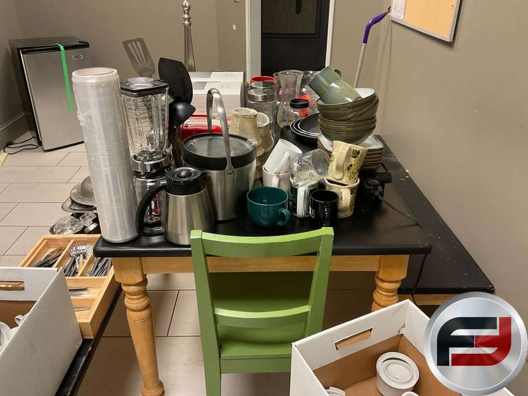 DINING TABLE WITH TWO BENCHES THREE CHAIRS, OTHER MISCELLANEOUS KITCHEN