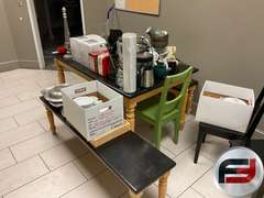 DINING TABLE WITH TWO BENCHES THREE CHAIRS, OTHER MISCELLANEOUS KITCHEN