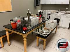 DINING TABLE WITH TWO BENCHES THREE CHAIRS, OTHER MISCELLANEOUS KITCHEN