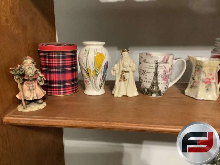 CUP N SAUCERS, FIGURINES, CROSS, CANDLE, SNOOPY CHRISTMAS STUFFED ANIMALS,