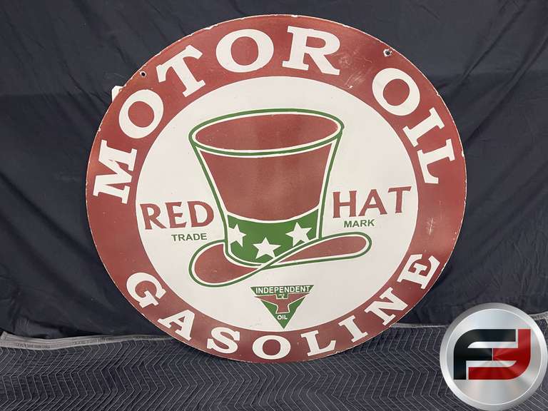 RED HAT MOTOR OIL GASOLINE PORCELAIN SIGN DOUBLE SIDED 36”