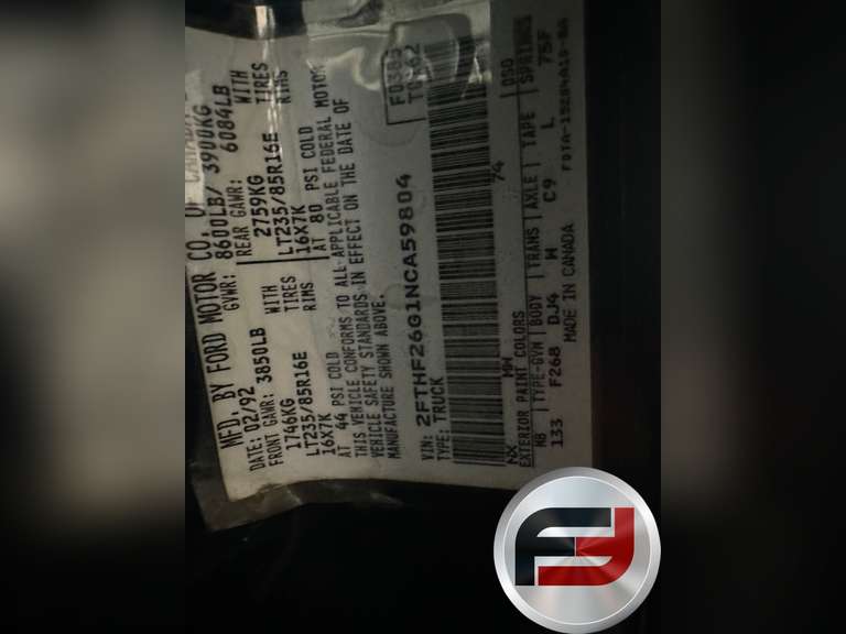 1992 FORD F-250 VIN: 2FTHF26G1NCA59804 4X4 PICKUP