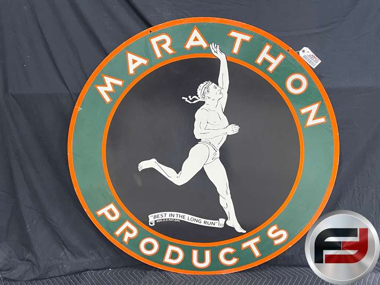MARATHON PRODUCTS PORCELAIN SIGN DOUBLE SIDED 48”