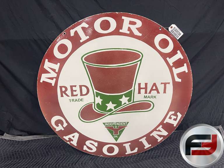 RED HAT MOTOR OIL GASOLINE PORCELAIN SIGN DOUBLE SIDED 36”
