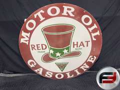 RED HAT MOTOR OIL GASOLINE PORCELAIN SIGN DOUBLE SIDED 36”