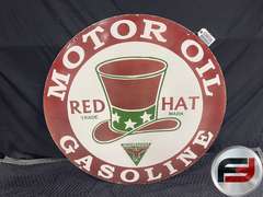 RED HAT MOTOR OIL GASOLINE PORCELAIN SIGN DOUBLE SIDED 36”