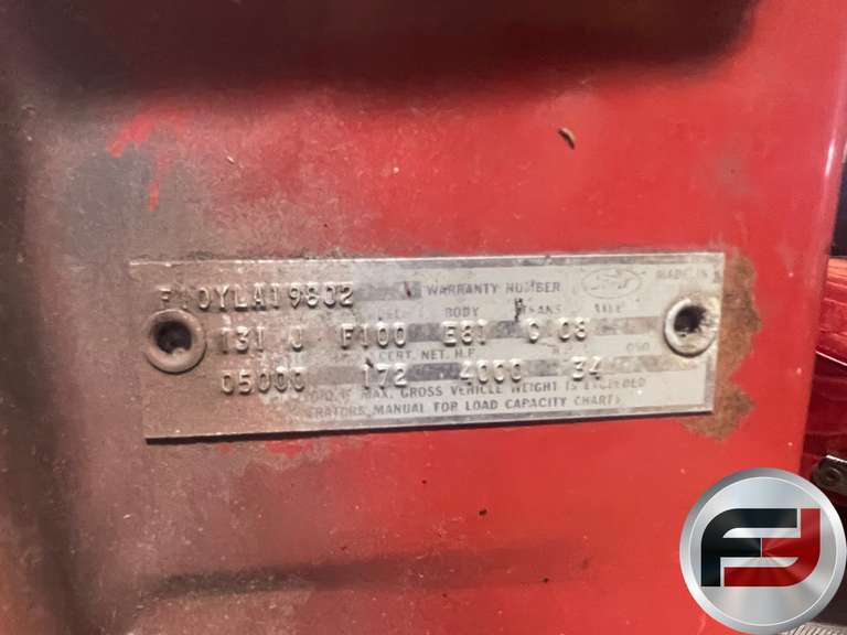 1967 FORD F100 VIN: F10YLA19802 PICKUP