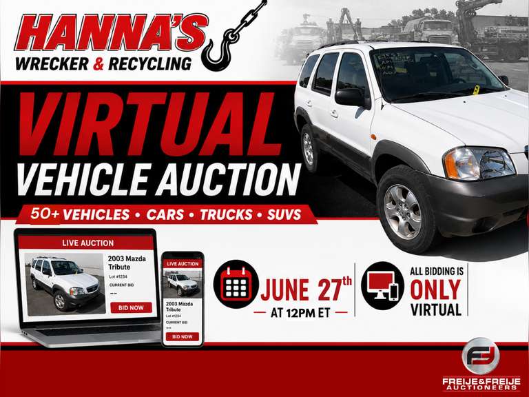 HANNA'S WRECKER SERVICE VIRTUAL VEHICLE AUCTION - JUNE 27TH @ 12 PM ET - ALL BIDDING IS ONLY VIRTUALLY