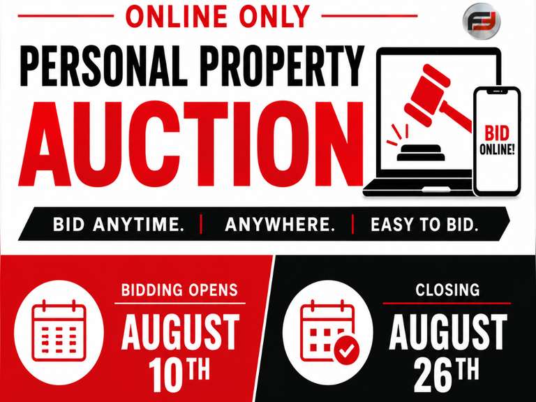ONLINE ONLY PERSONAL PROPERTY - BEGINS AUGUST 10TH @ 12 PM & ENDS AUGUST 26TH @ 12 PM ET