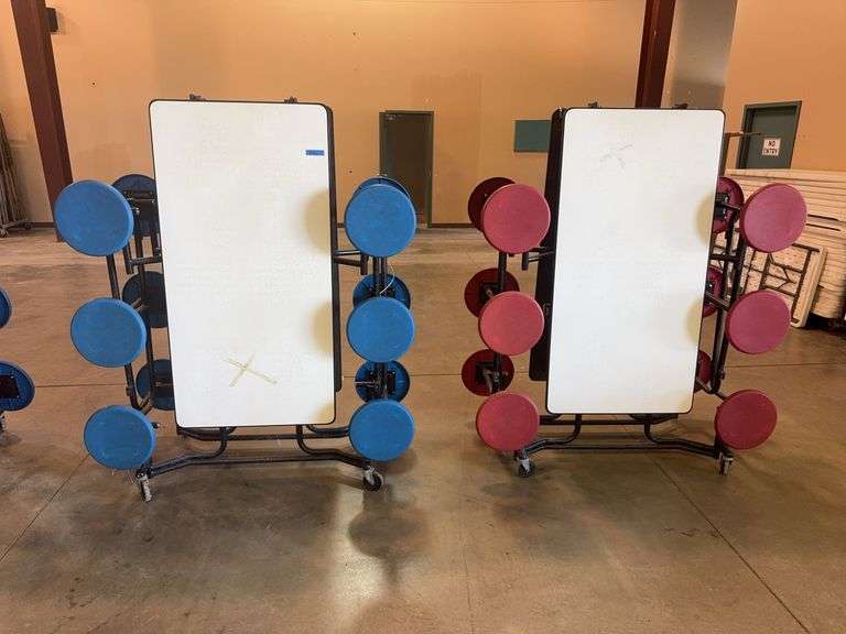 2 student lunch Tables, 12 seat,, (1) blue & (1) red seat